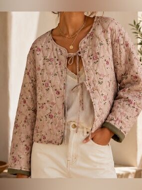 Avec Les Filles Blush Floral Quilted Tie 100% cotton Bomber Jacket NWT